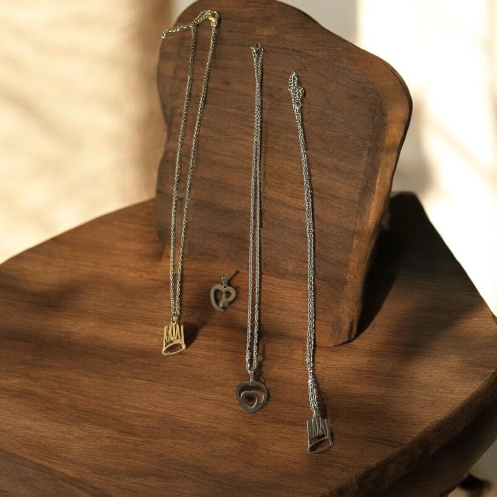 Gold and Silver Crown and Heart Pendant Necklaces